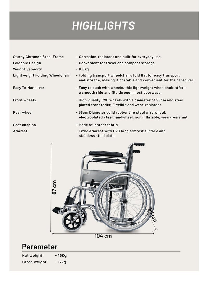 ايدبلس كرسي متحرك قابل للطي، إطار فولاذي مطلي بالكروم شديد التحمل، مقعد مريح من مادة PVC، طبي - Image 2